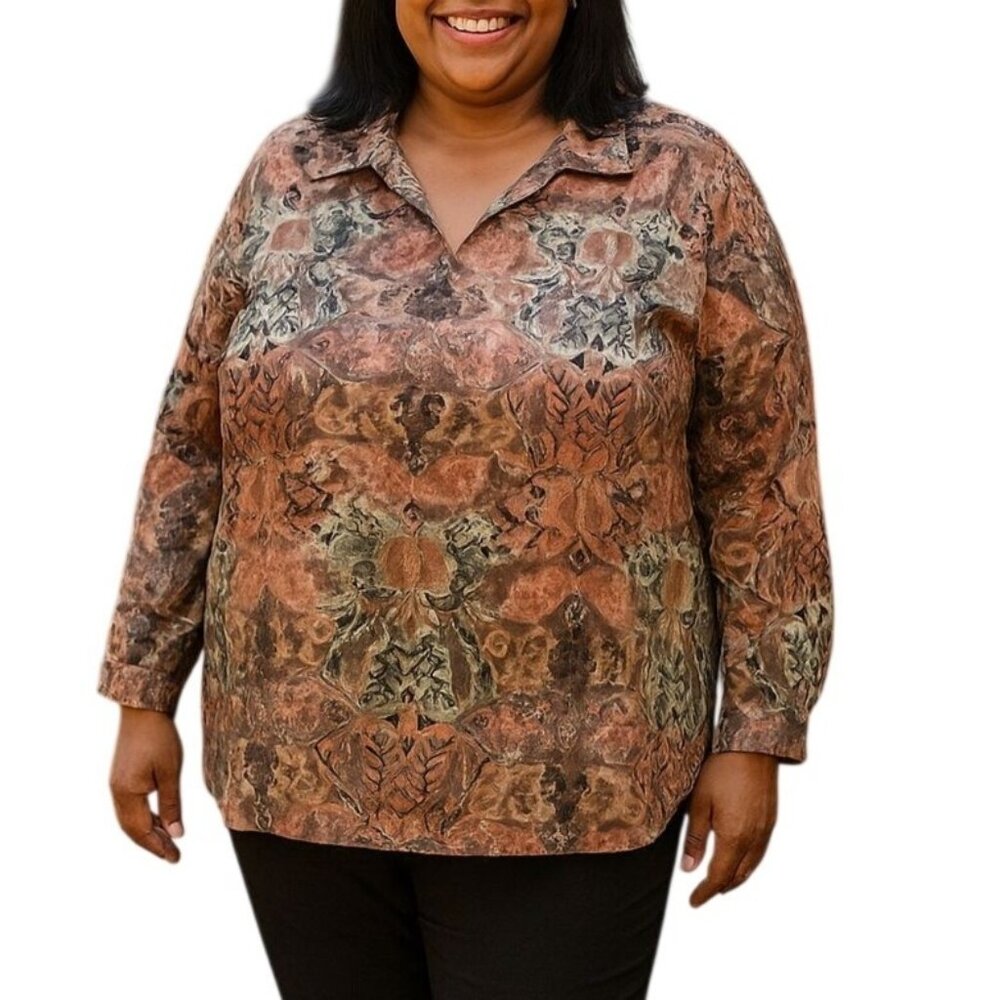 Amy Lynn Of California Plus Size 1X Top Floral Print Long Sleeve Collared Blouse